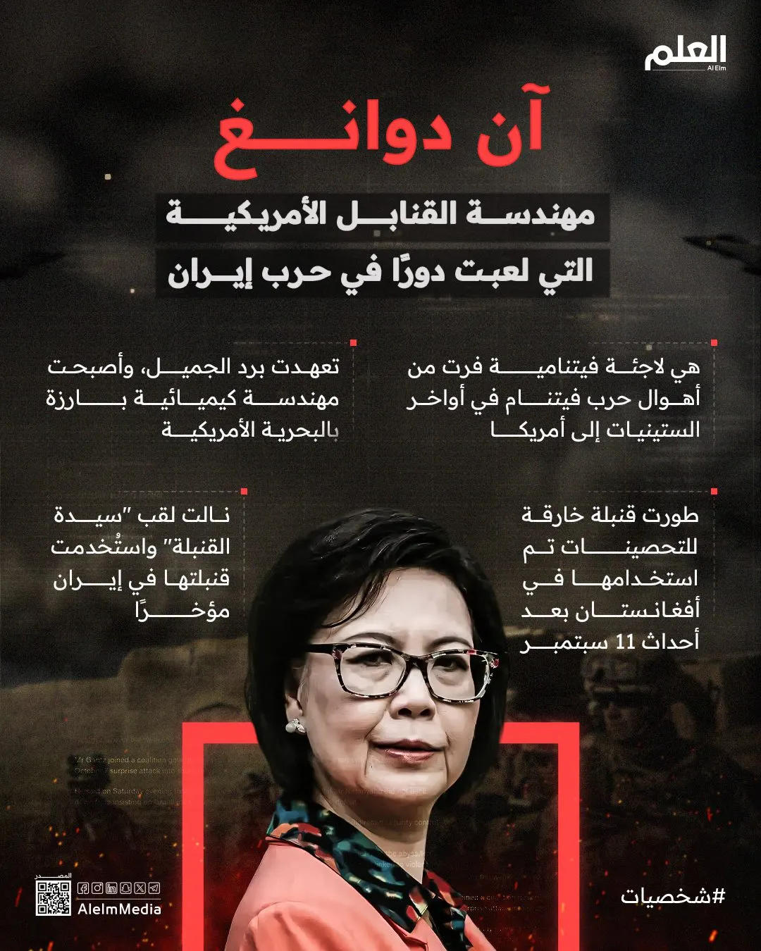 إنفوجرافيك| آن دوانغ.. مهندسة القنابل الأمريكية التي لعبت دورًا في حرب إيران