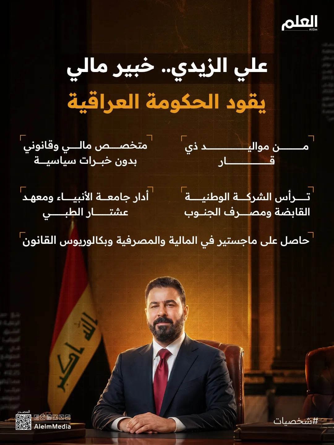 إنفوجرافيك| علي الزيدي.. خبير مالي يقود الحكومة العراقية