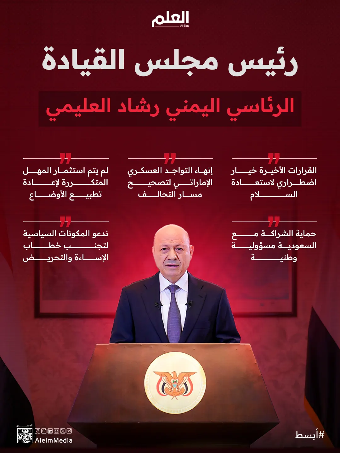 العليمي: القرارات الأخيرة خيار اضطراري لاستعادة مسار السلام
