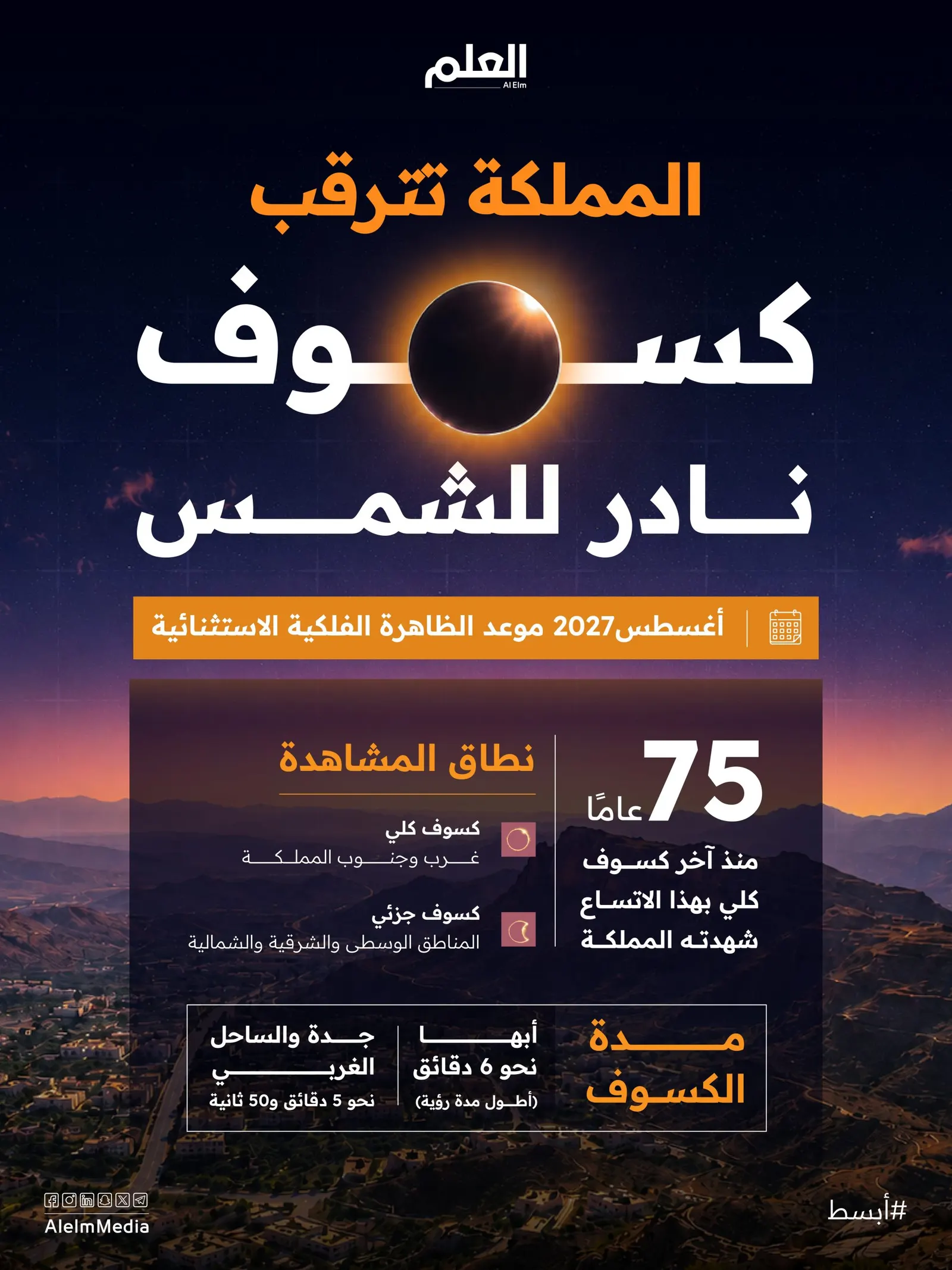 إنفوجرافيك| كسوف نادر تشهده سماء المملكة في 2027