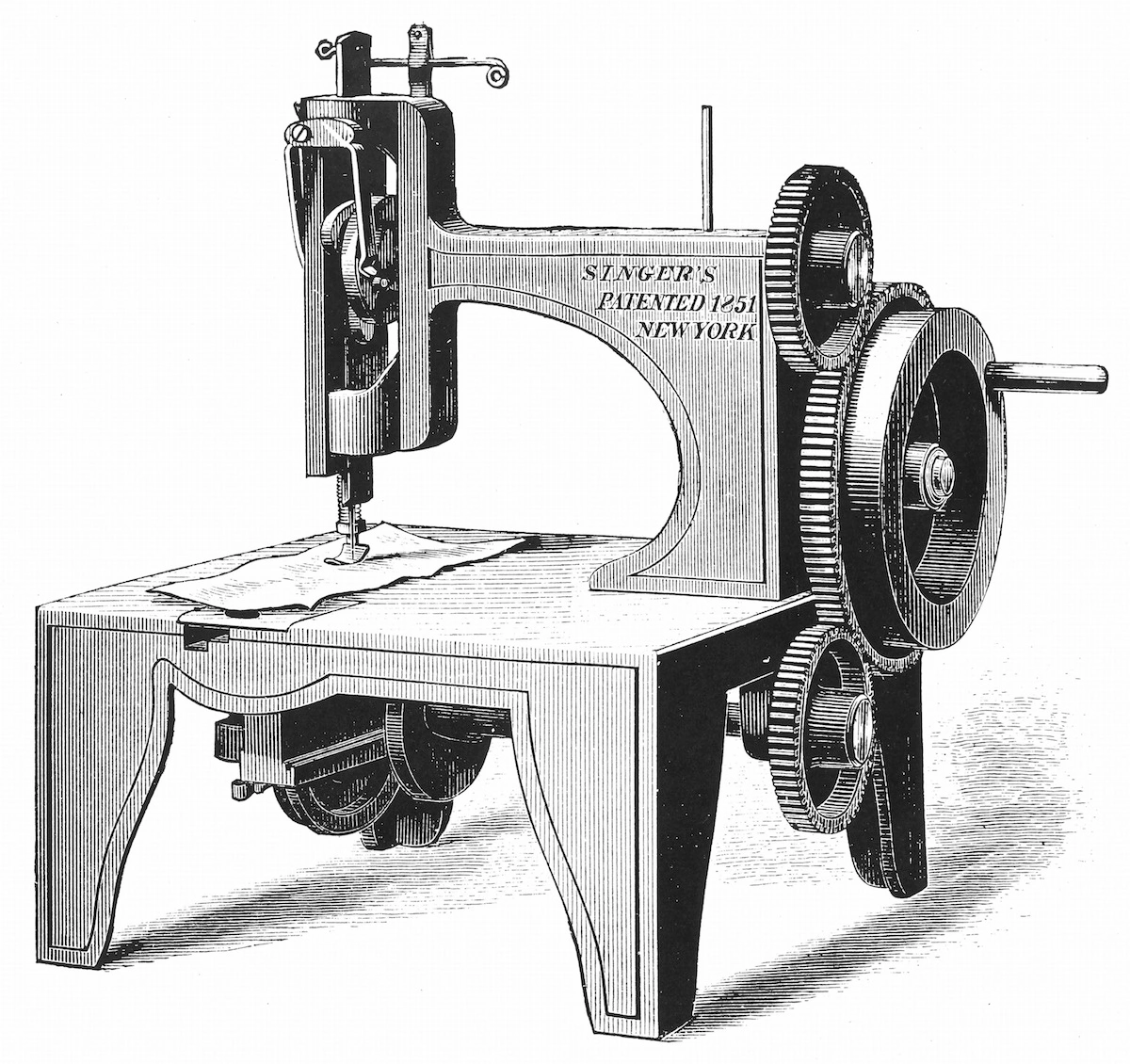 آلة خياطة إسحق ميريت سينجر الأولى، حاصلة على براءة اختراع عام 1851