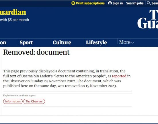 استبدلت الغارديان نص رسالة بن لادن برسالة بديلة تُفيد بحذف المحتوى الأصلي