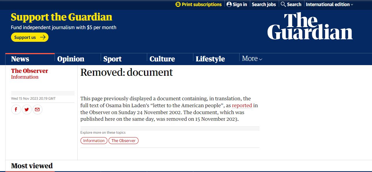 استبدلت الغارديان نص رسالة بن لادن برسالة بديلة تُفيد بحذف المحتوى الأصلي