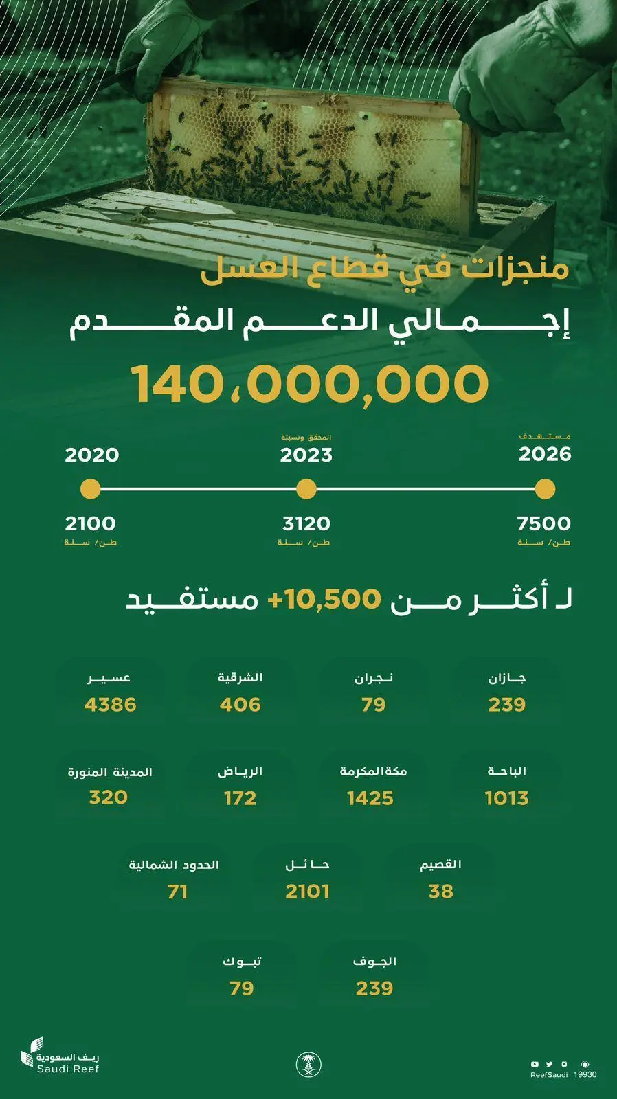 ريف السعودية يُعلن وصول دعم قطاع العسل إلى 140 مليون ريال